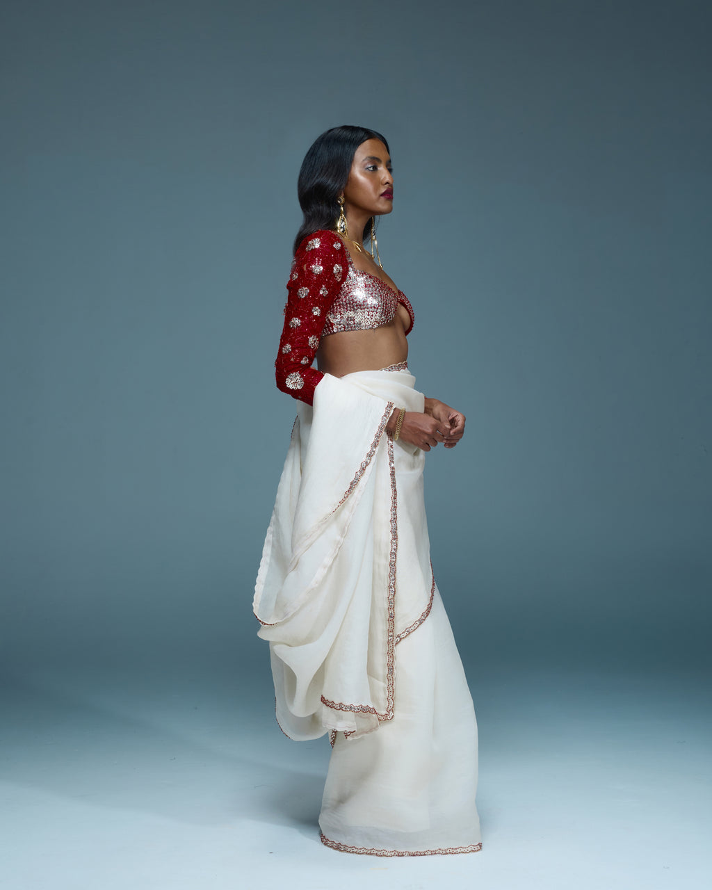 "AVALUNA" - Ivory organza sare with red contrast blouse