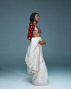 "AVALUNA" - Ivory organza sare with red contrast blouse