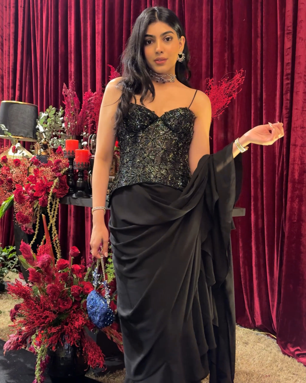 "FLORIVA" - Black corset with ruffle saree
