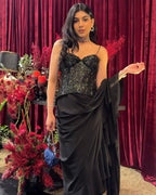 "FLORIVA" - Black corset with ruffle saree
