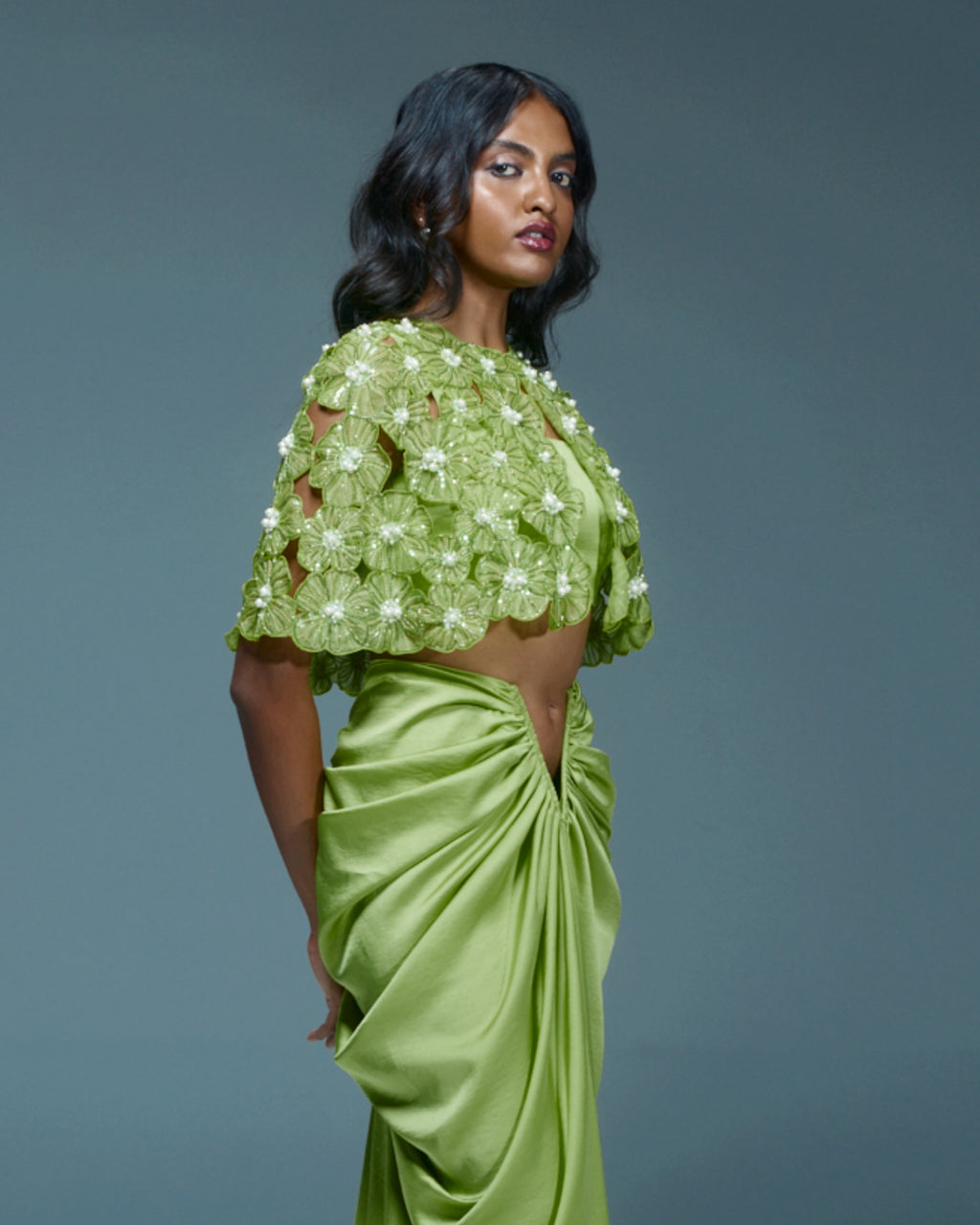 "NANDINA" - Lime green organza cape with V-draped skirt