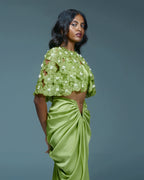 "NANDINA" - Lime green organza cape with V-draped skirt