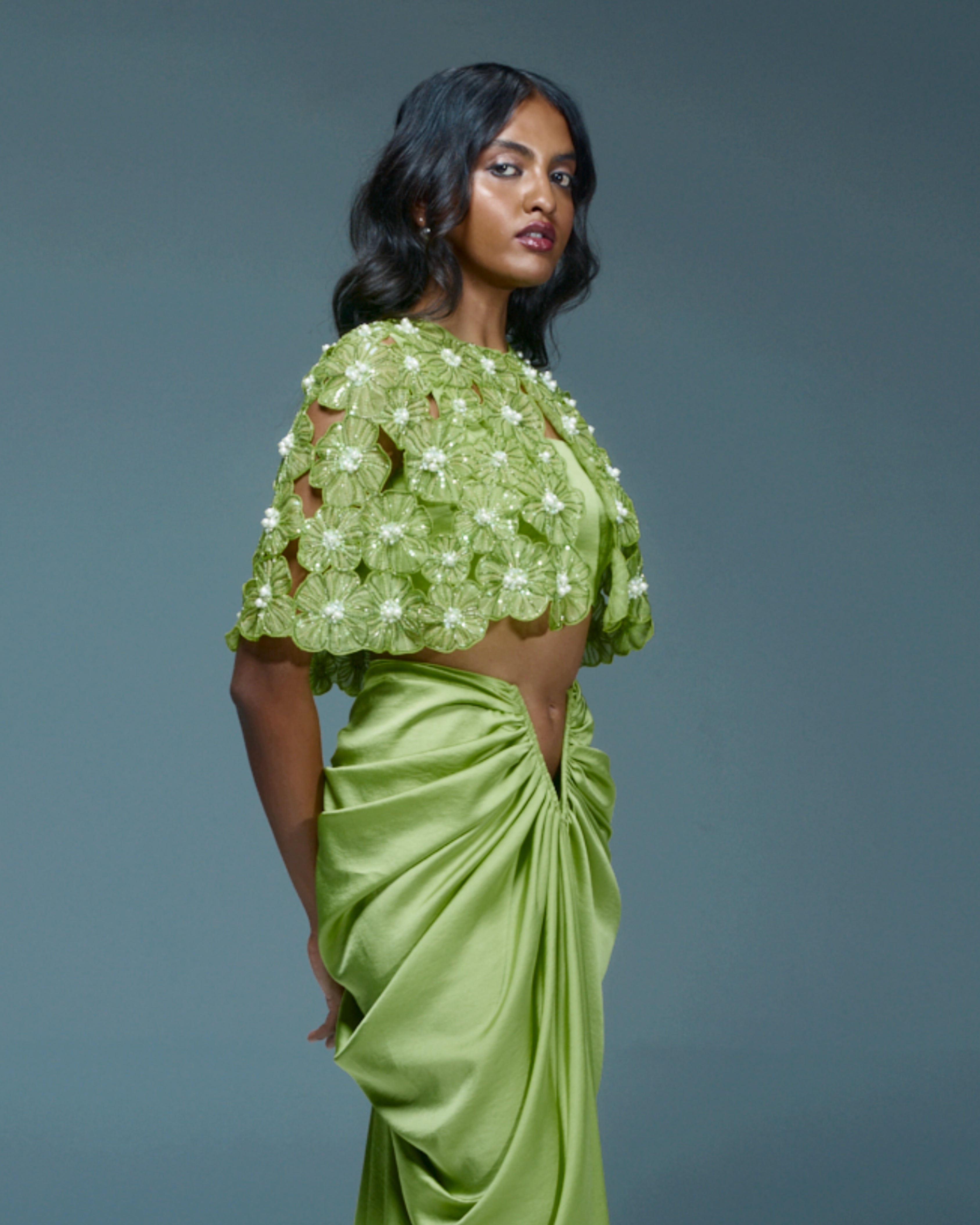 "NANDINA" - Lime green organza cape with V-draped skirt