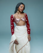 "AVALUNA" - Ivory organza sare with red contrast blouse