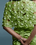 "NANDINA" - Lime green organza cape with V-draped skirt