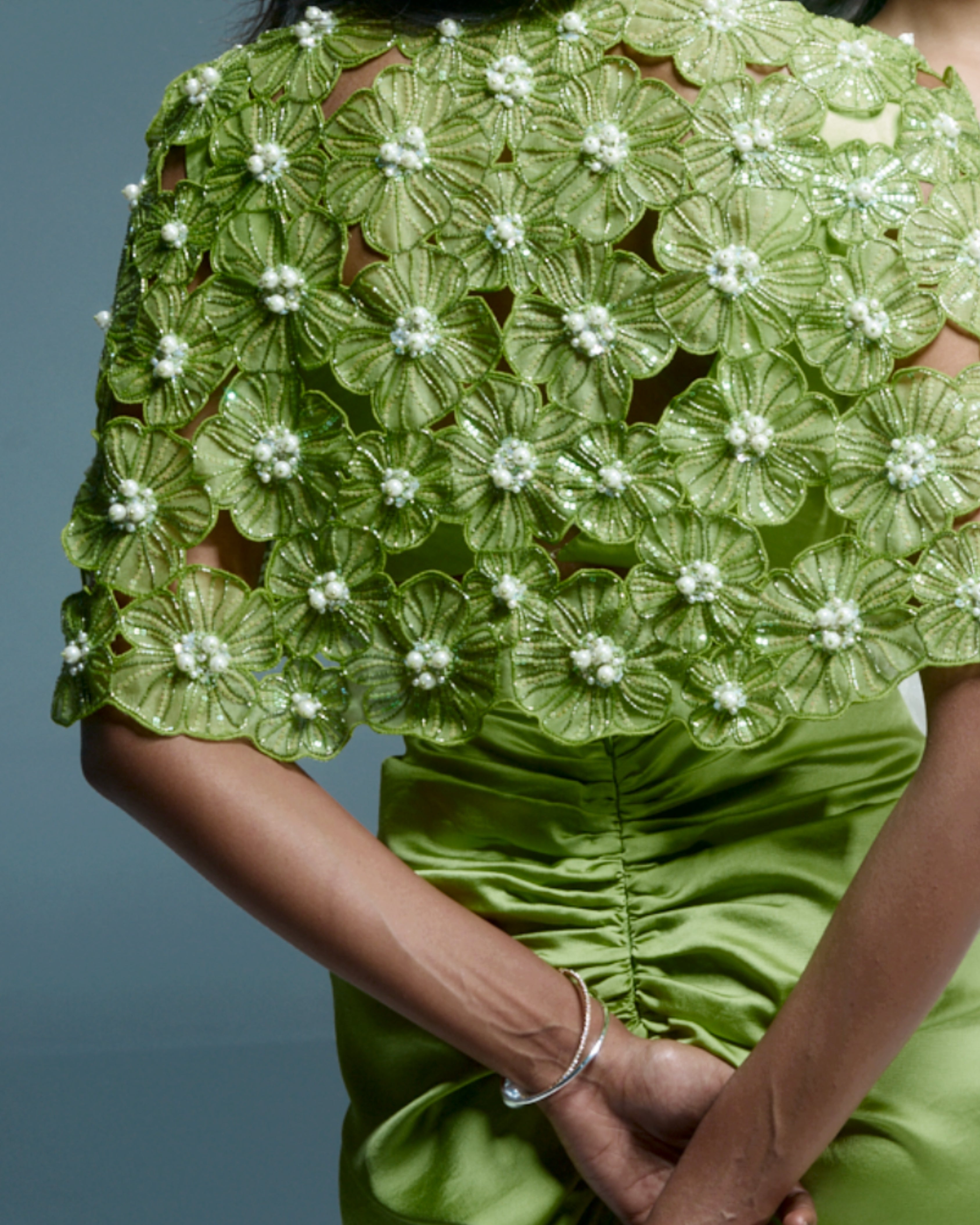 "NANDINA" - Lime green organza cape with V-draped skirt