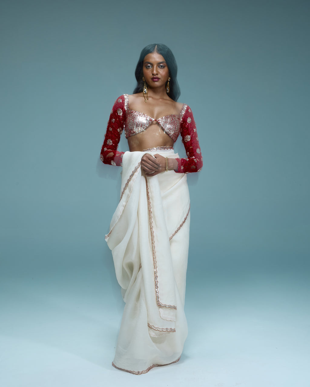 "AVALUNA" - Ivory organza sare with red contrast blouse