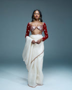 "AVALUNA" - Ivory organza sare with red contrast blouse