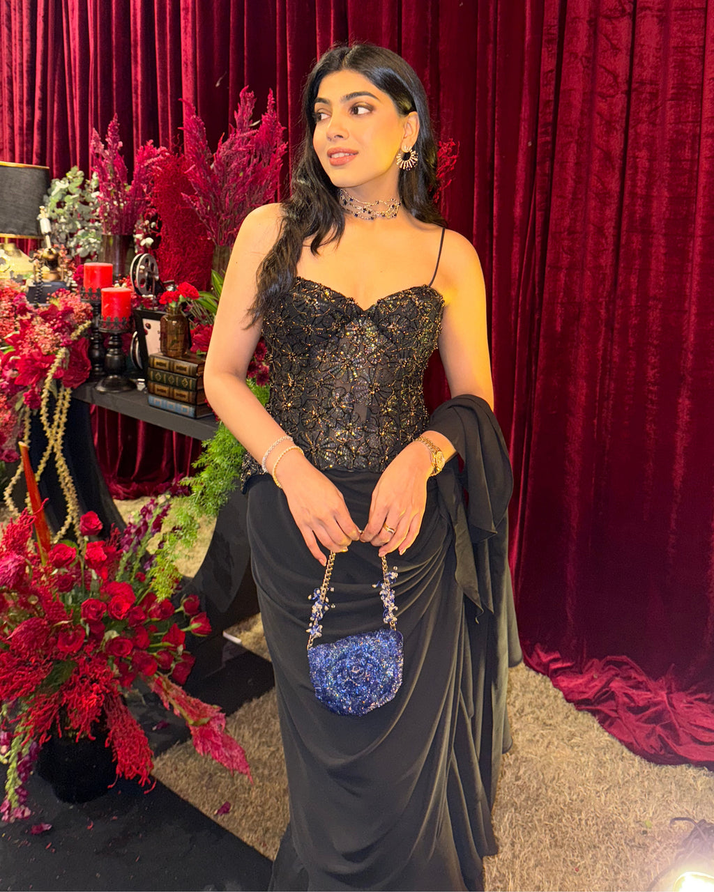 "FLORIVA" - Black corset with ruffle saree