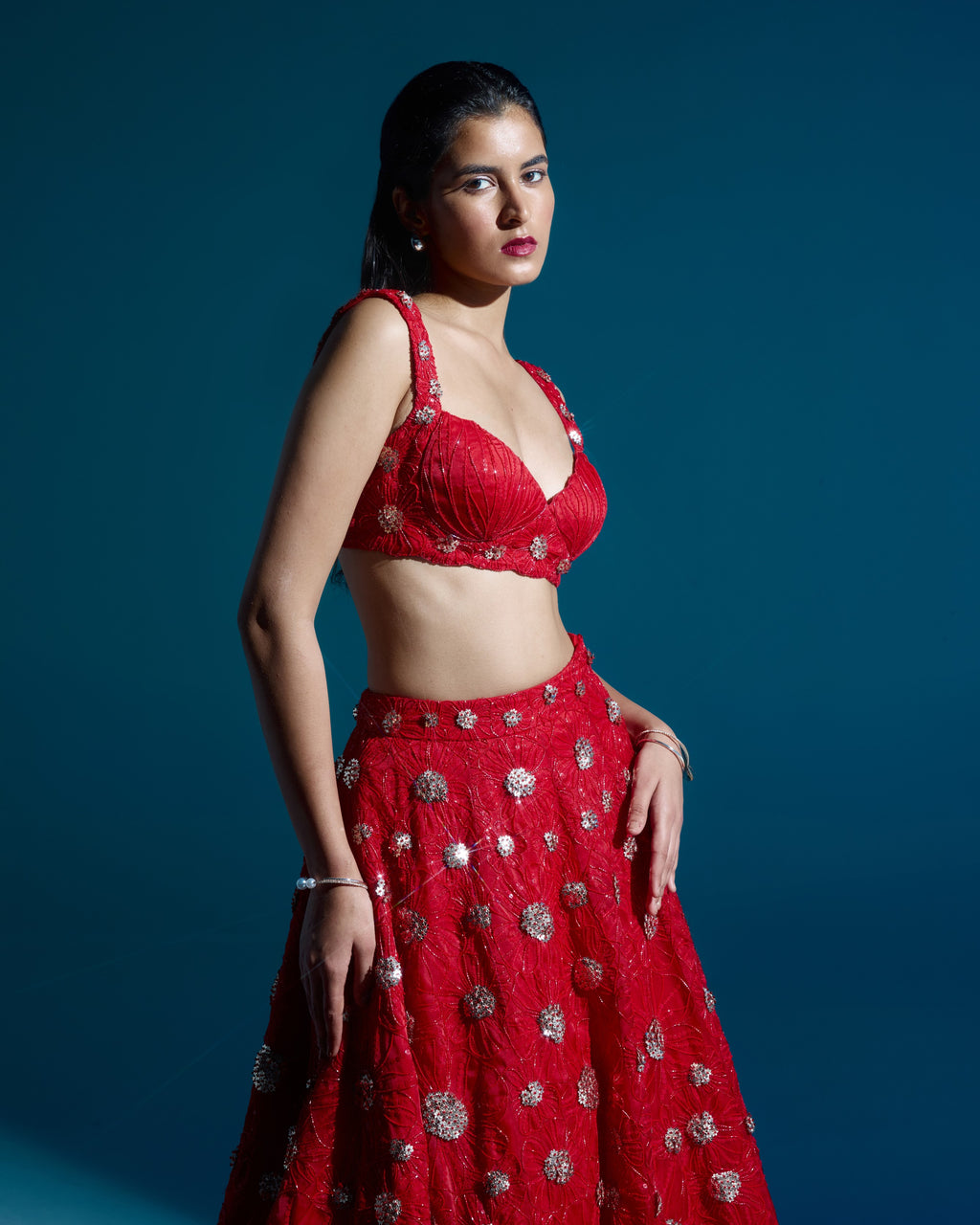 "EZRA" -  Red satin organza lehenga set