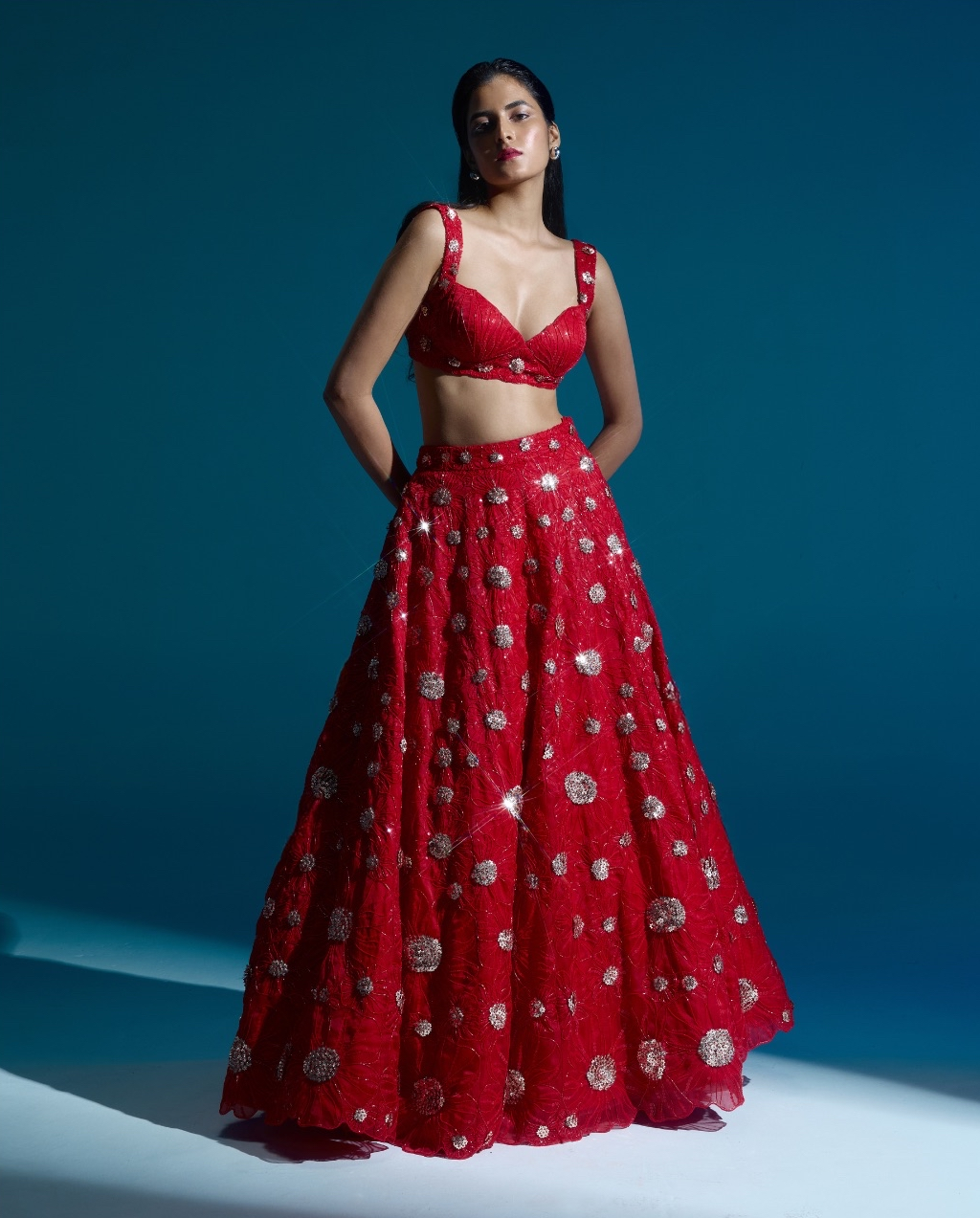 "EZRA" -  Red satin organza lehenga set
