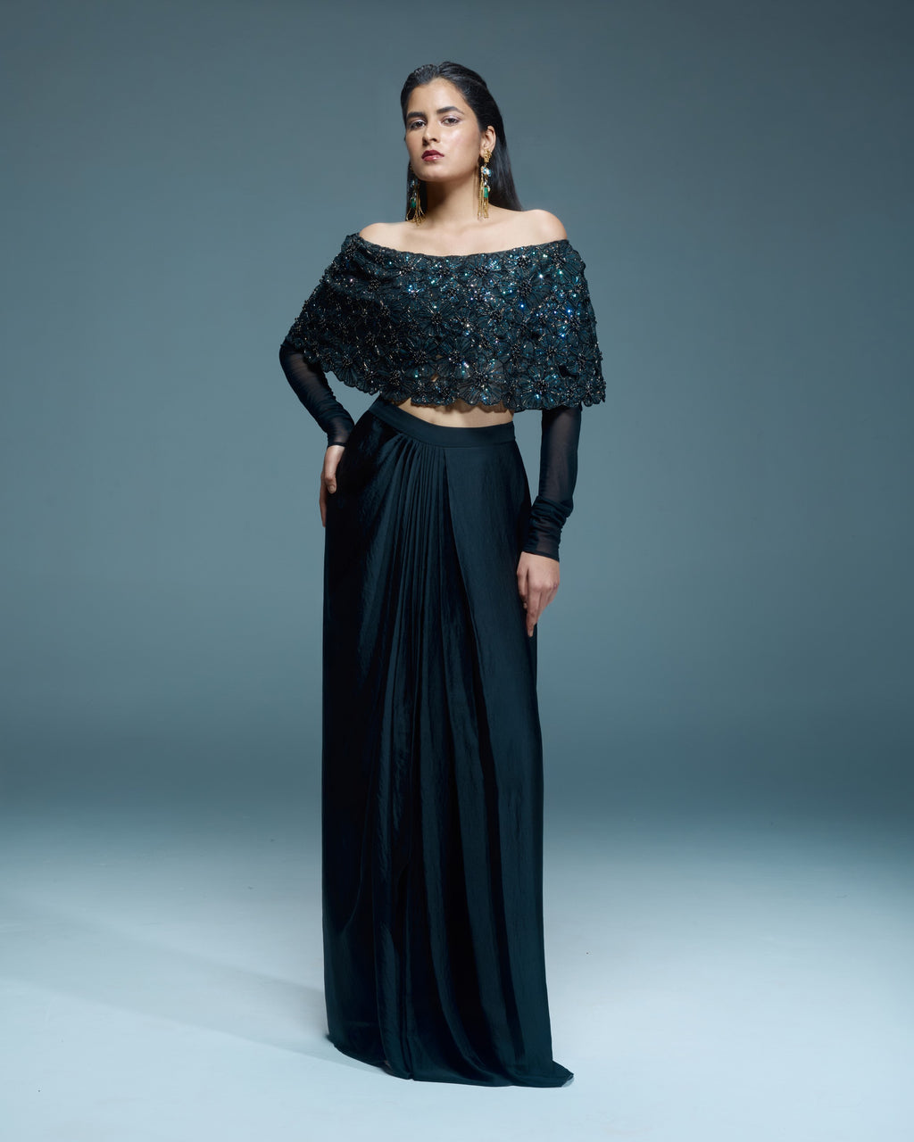 "LYCASTE" - Black organza off-shoulder cape set