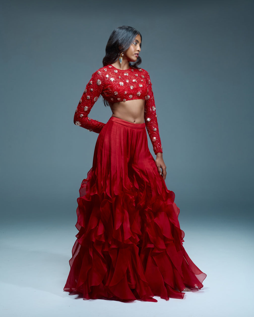 "MURRAYA" - Red organza ruffle pants set