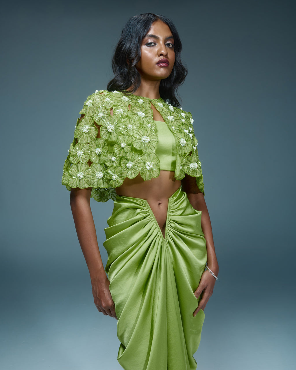 "NANDINA" - Lime green organza cape with V-draped skirt