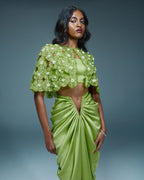 "NANDINA" - Lime green organza cape with V-draped skirt