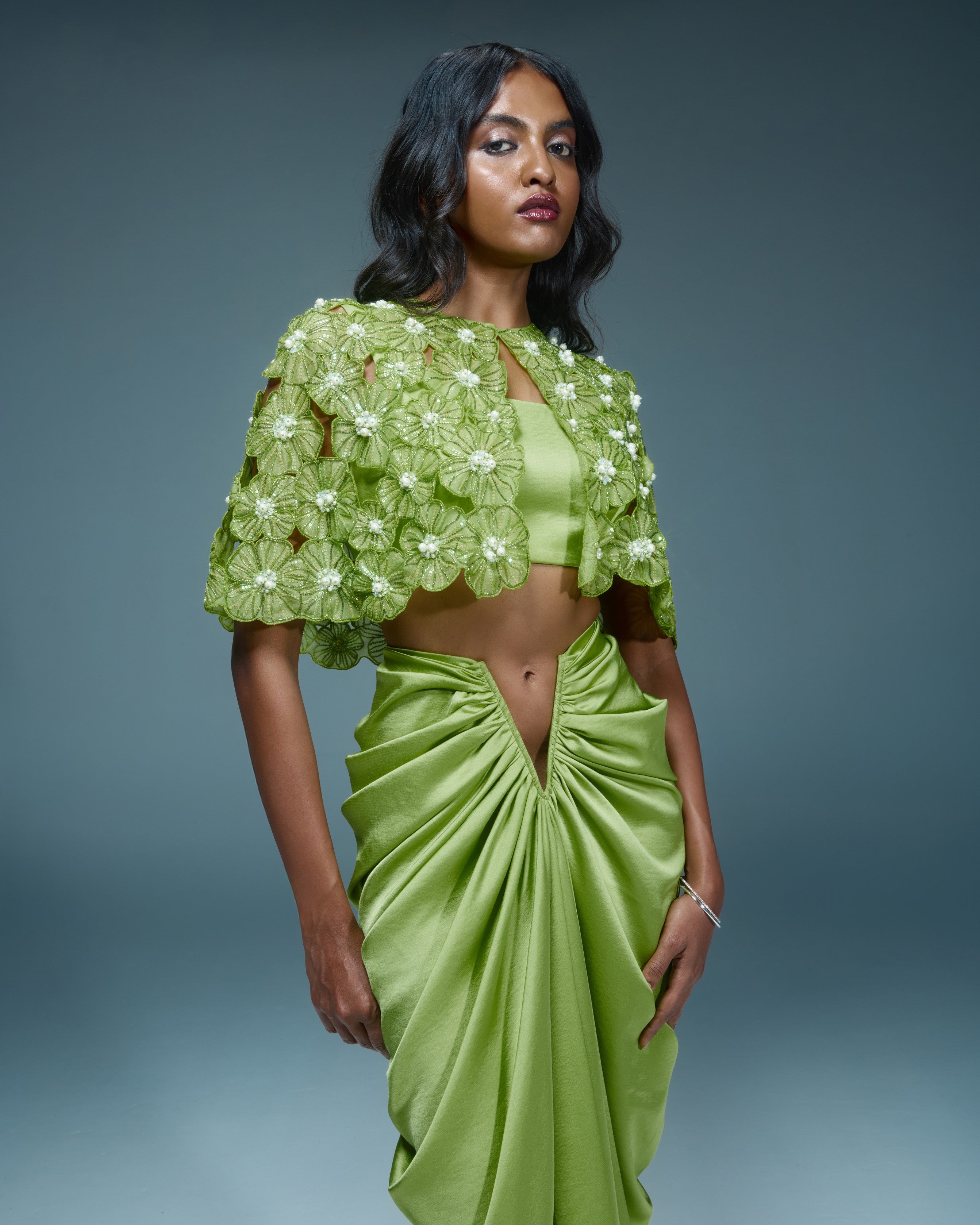 "NANDINA" - Lime green organza cape with V-draped skirt