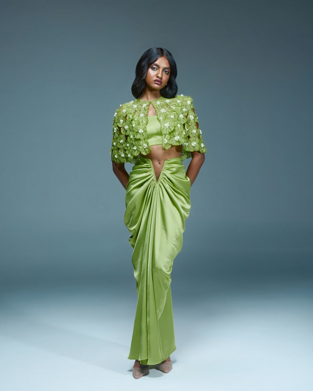 "NANDINA" - Lime green organza cape with V-draped skirt