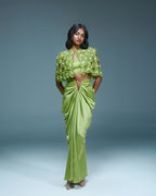 "NANDINA" - Lime green organza cape with V-draped skirt