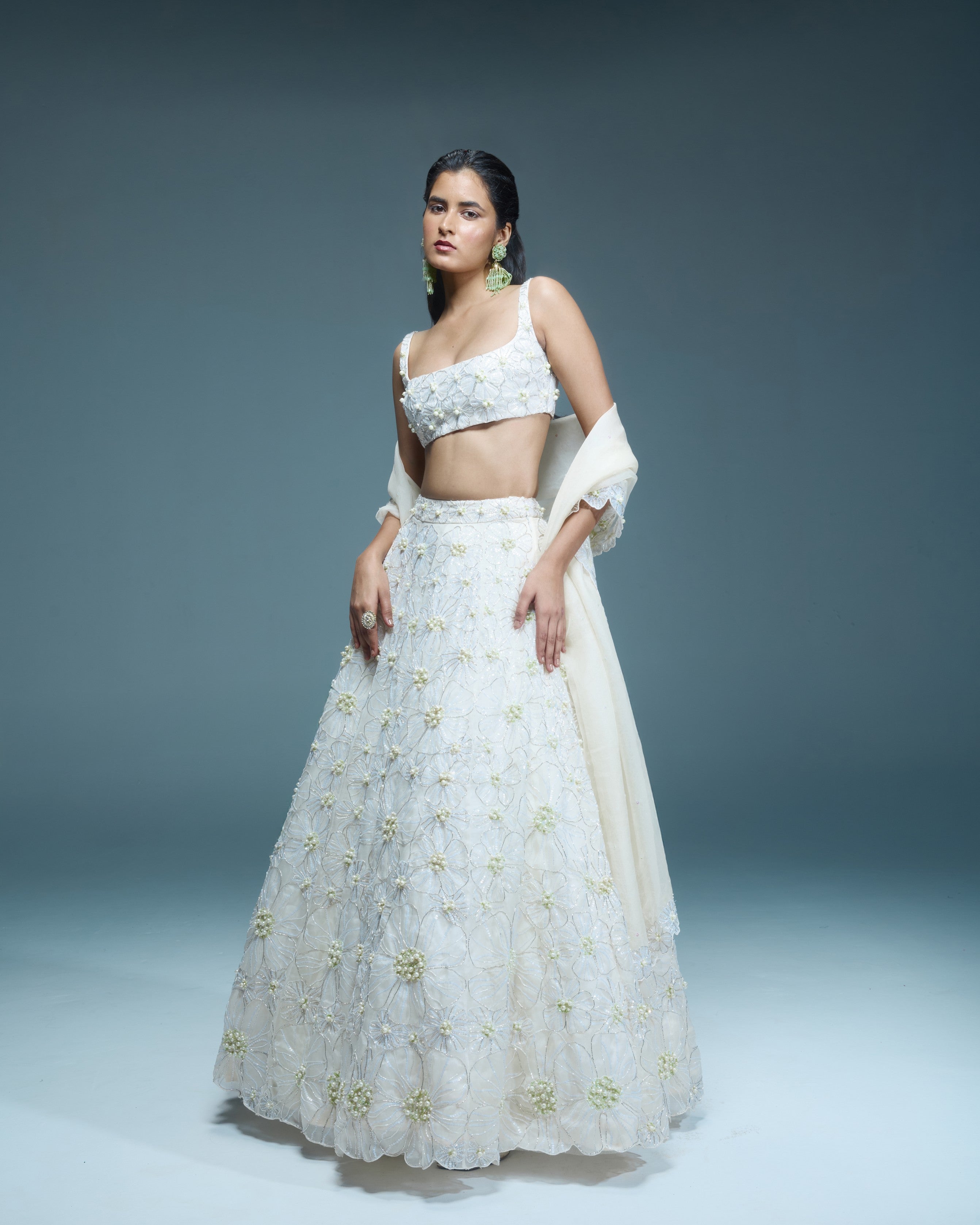"STERLING" - Ivory satin organza lehenga set