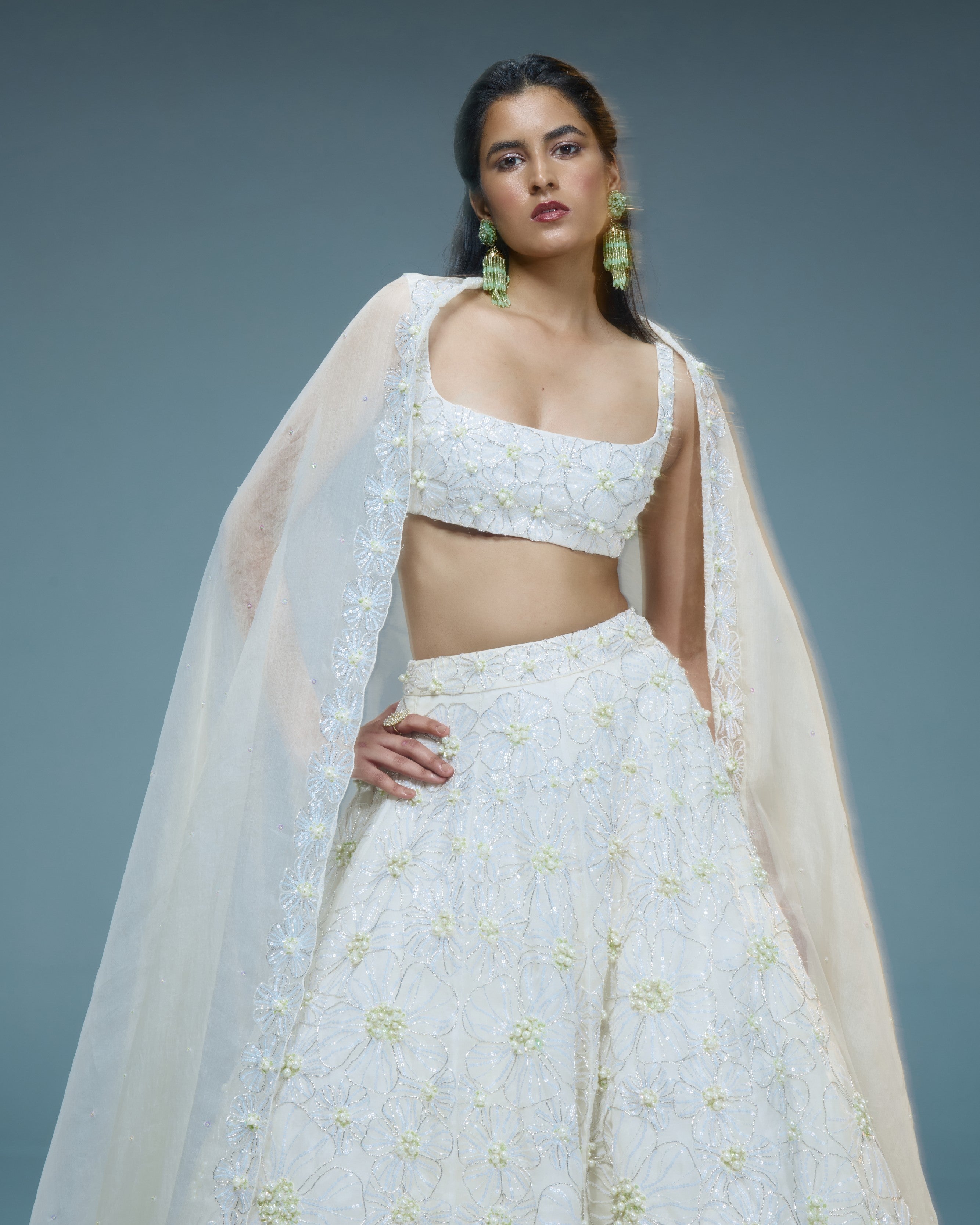 "STERLING" - Ivory satin organza lehenga set