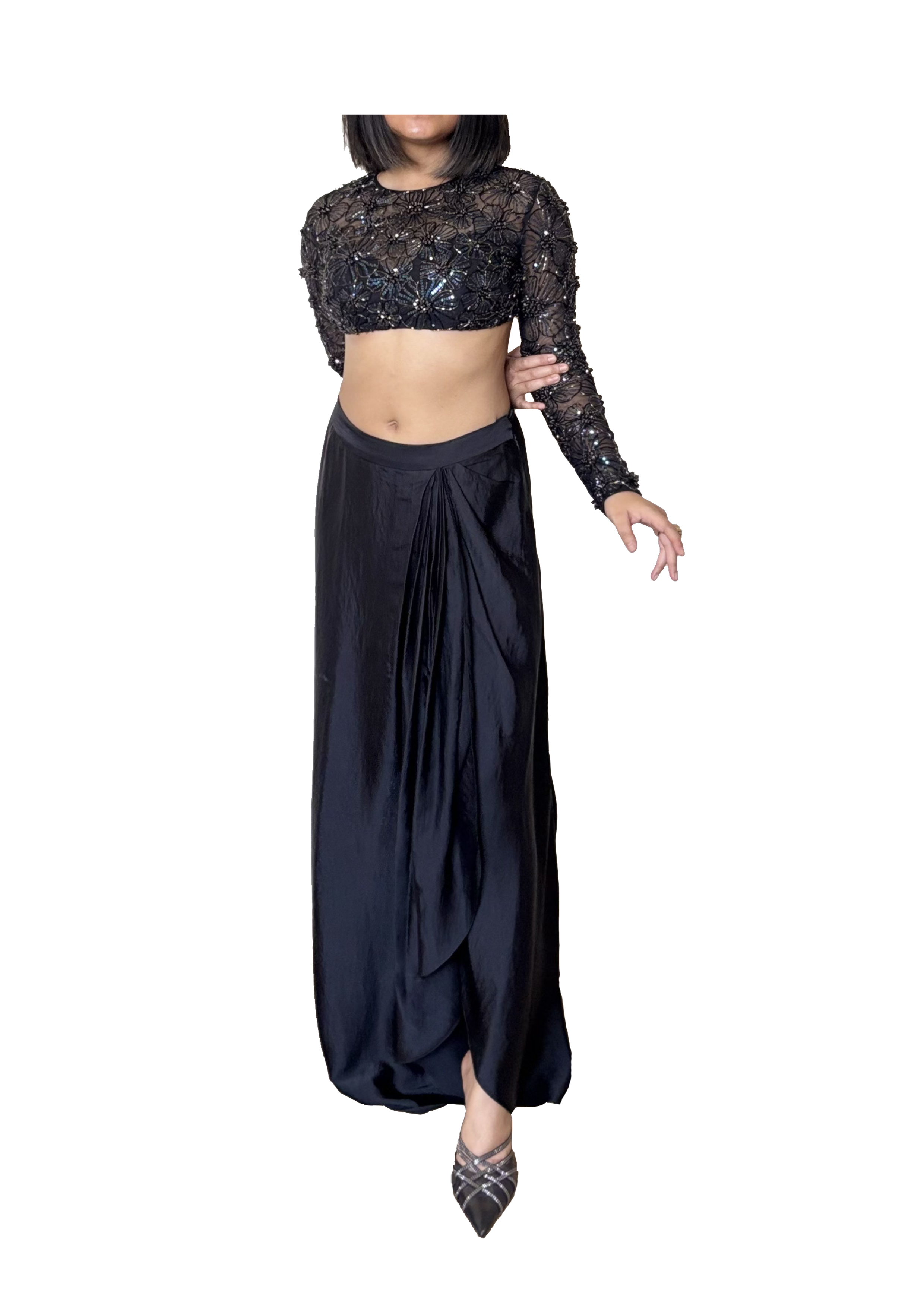Black tulle top with draped skirt