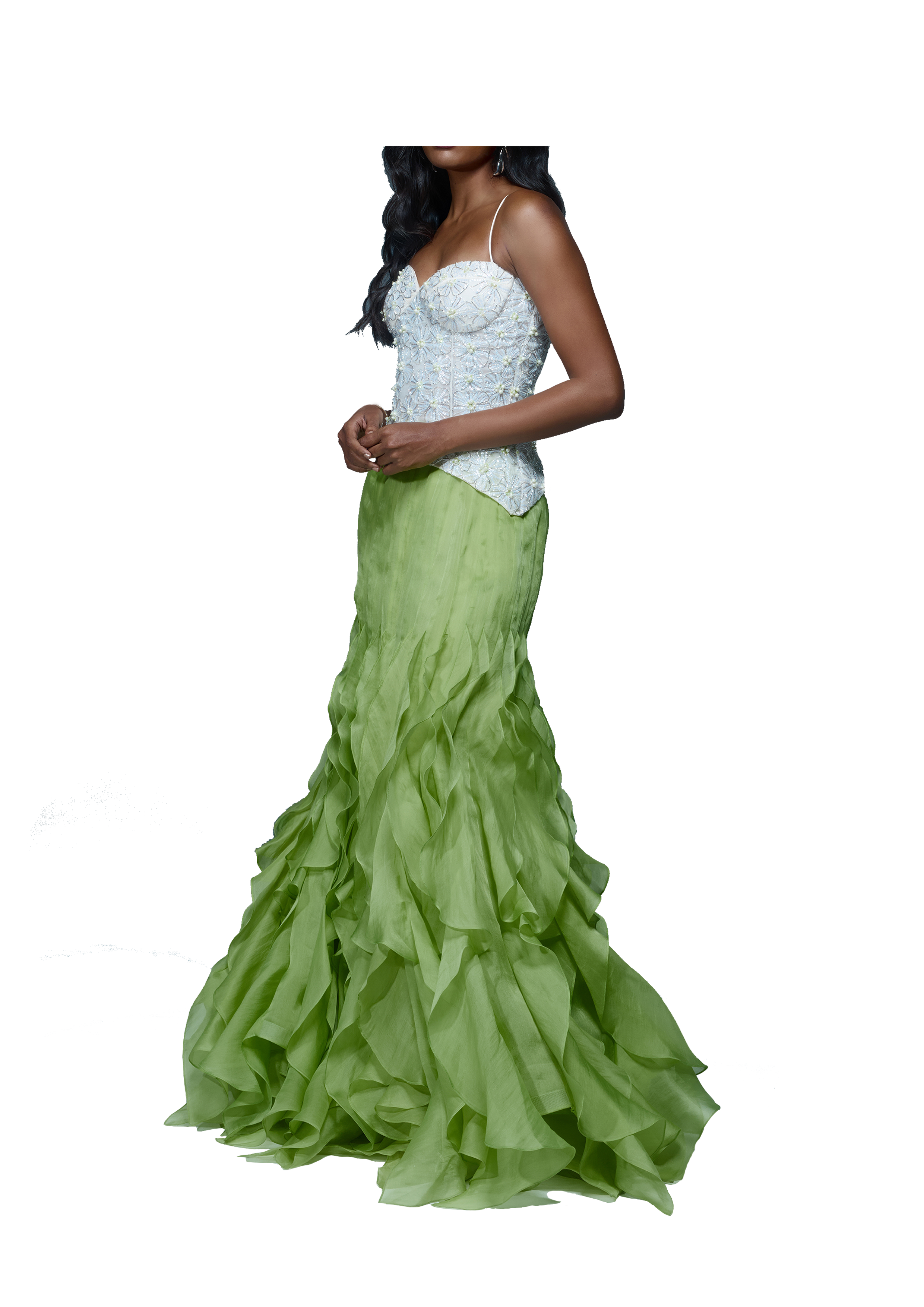 "NECTARINE" - Ivory organza corset with lime green ruffle skirt