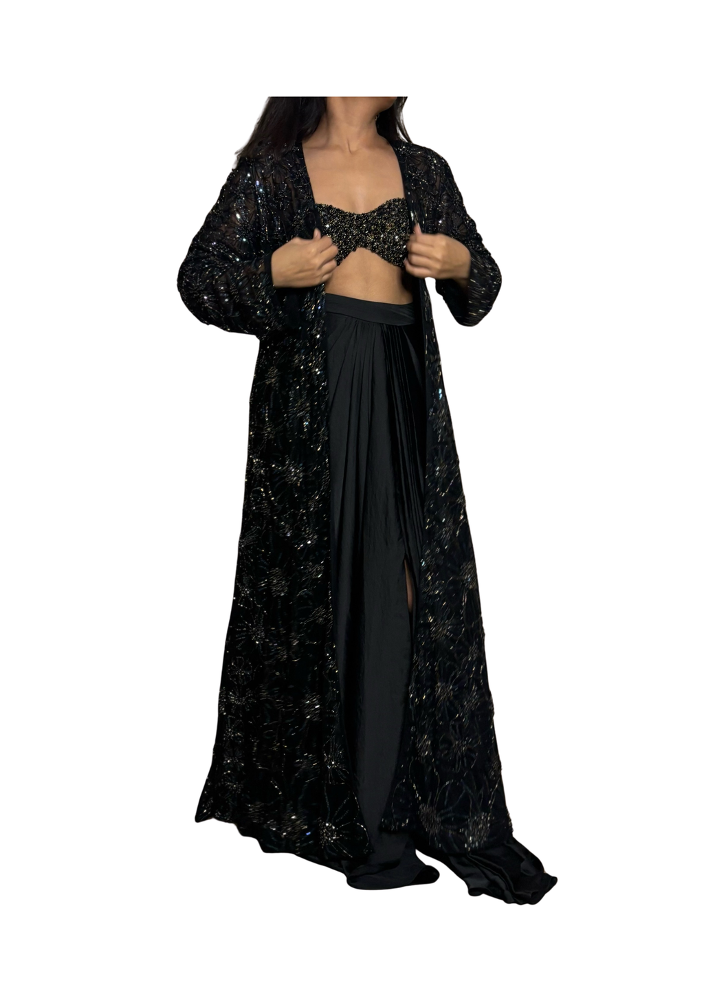 Black jacket with brallete top & hammer satin draped skirt