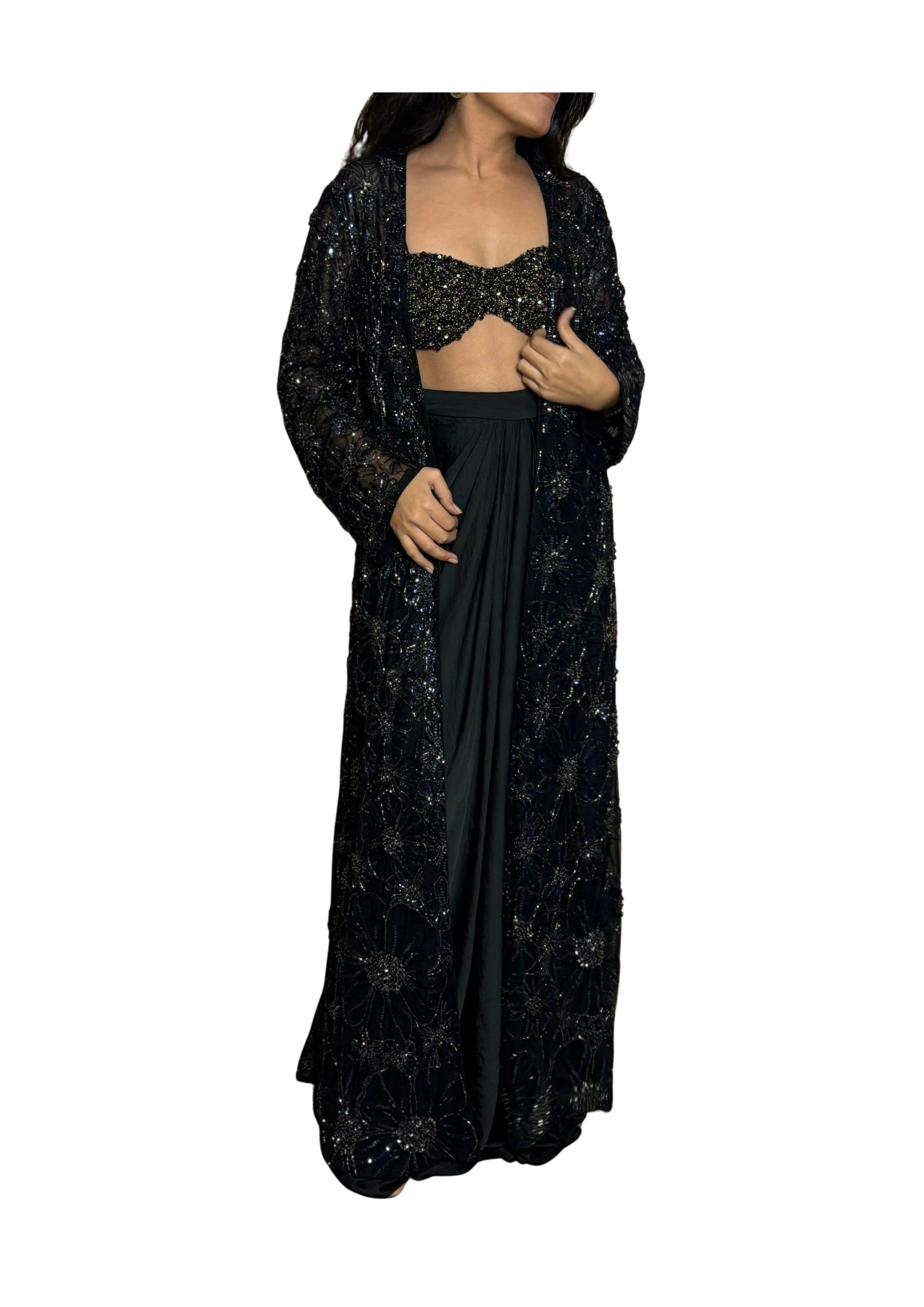 Black jacket with brallete top & hammer satin draped skirt