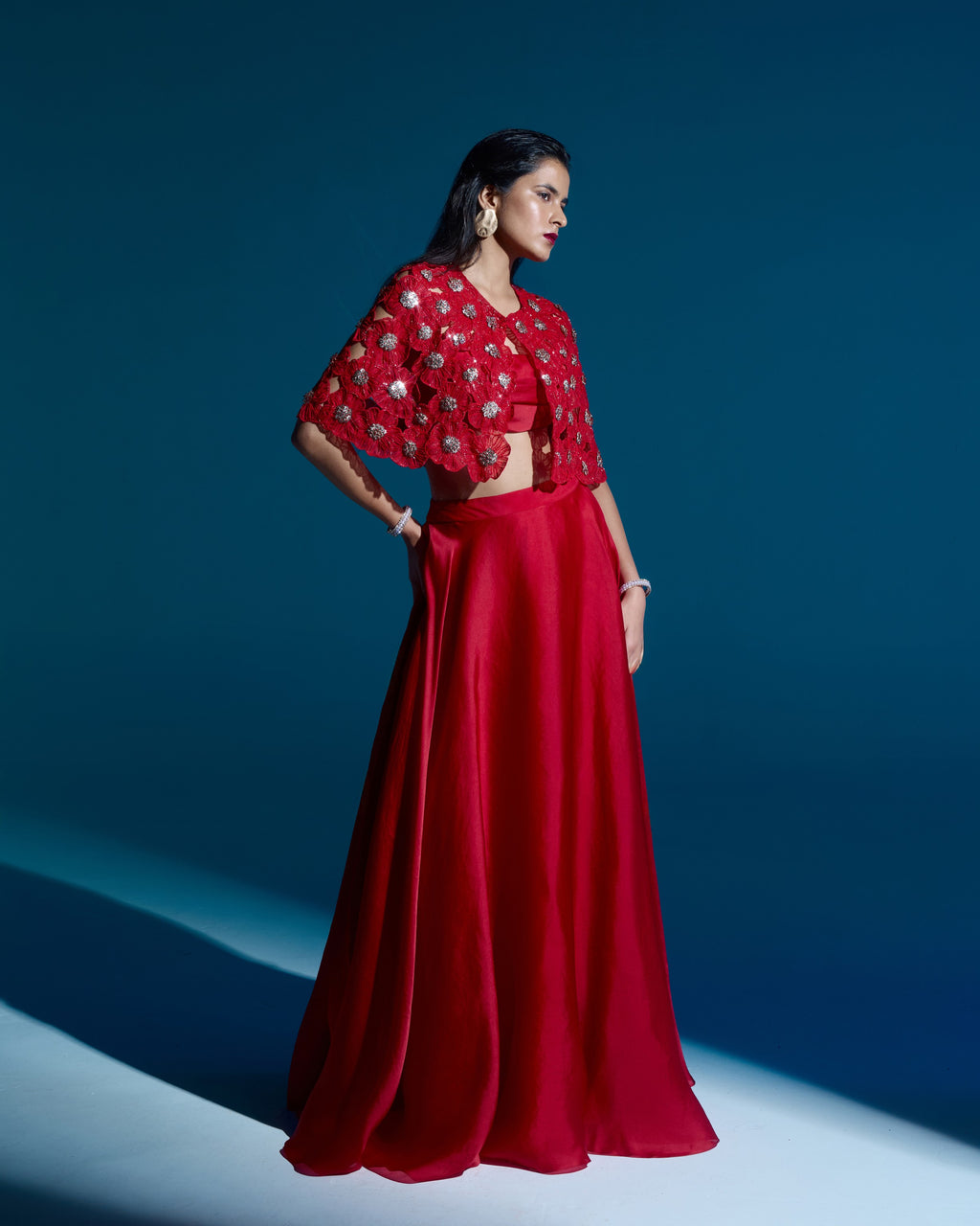 "YVONNE" - Red organza cape set