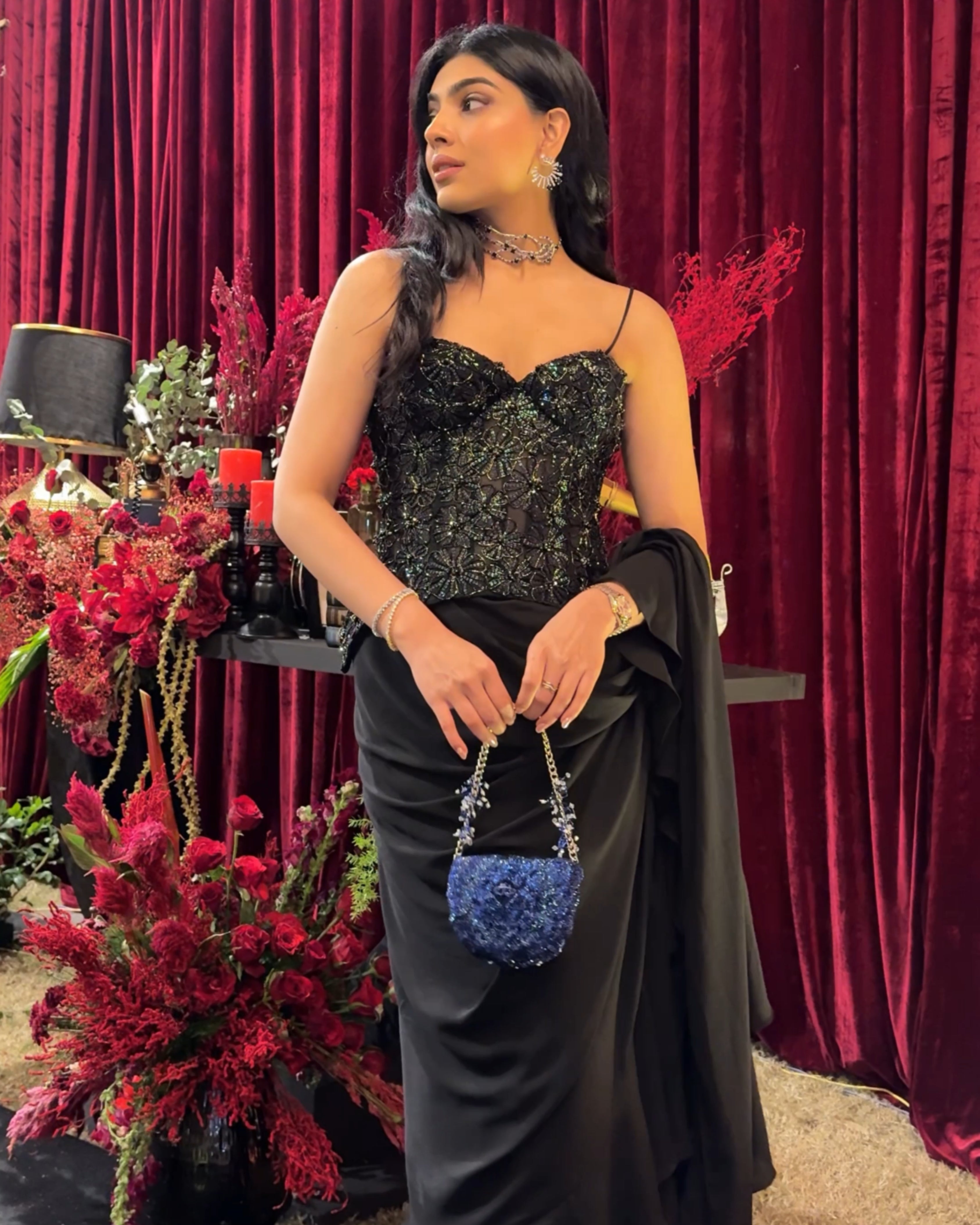 "FLORIVA" - Black corset with ruffle saree